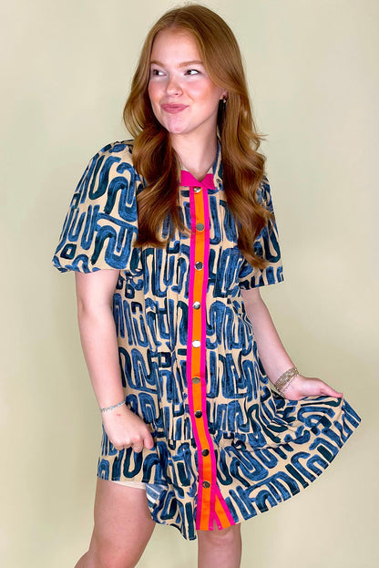 Mini-robe boutonnée à manches bouffantes et imprimé abstrait beige