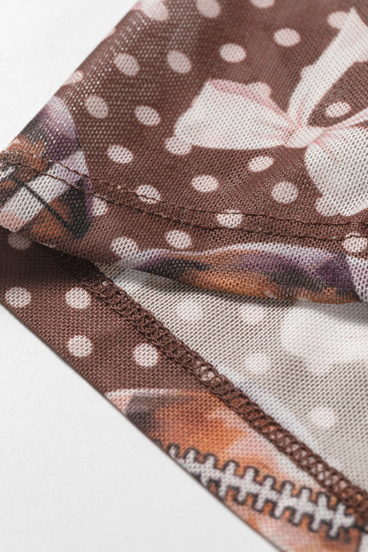 Brown Polka Dot Bow Football Print Long Sleeve Mesh Top