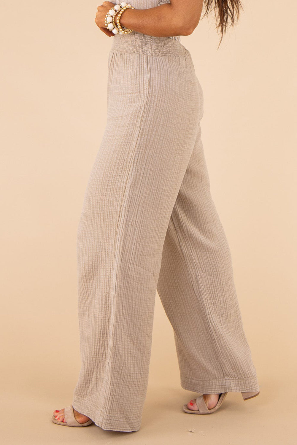 Pantalones caqui con textura de cintura alta y pierna ancha de talla grande 