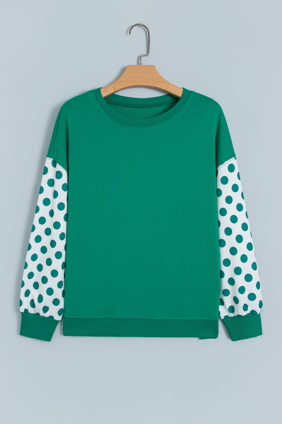 Green Polka Dot Patchwork Sleeve Crew Neck Loose Pullover Sweatshirt