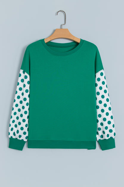 Green Polka Dot Patchwork Sleeve Crew Neck Loose Pullover Sweatshirt