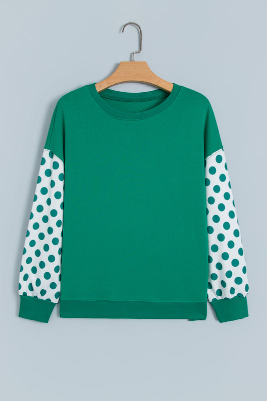 Green Polka Dot Patchwork Sleeve Crew Neck Loose Pullover Sweatshirt