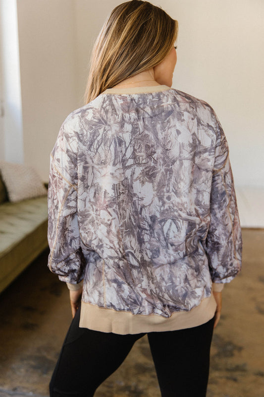 Khaki Abstract Camo Print Colorblock Trim Side Split Tunic Sweatshirt
