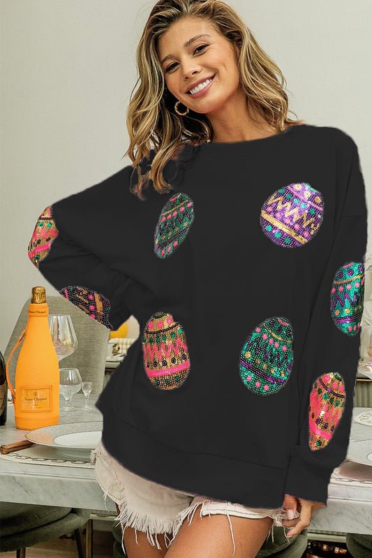 Black Sequined Easter Egg Drop Shoulder Oversized Sweatshirt
