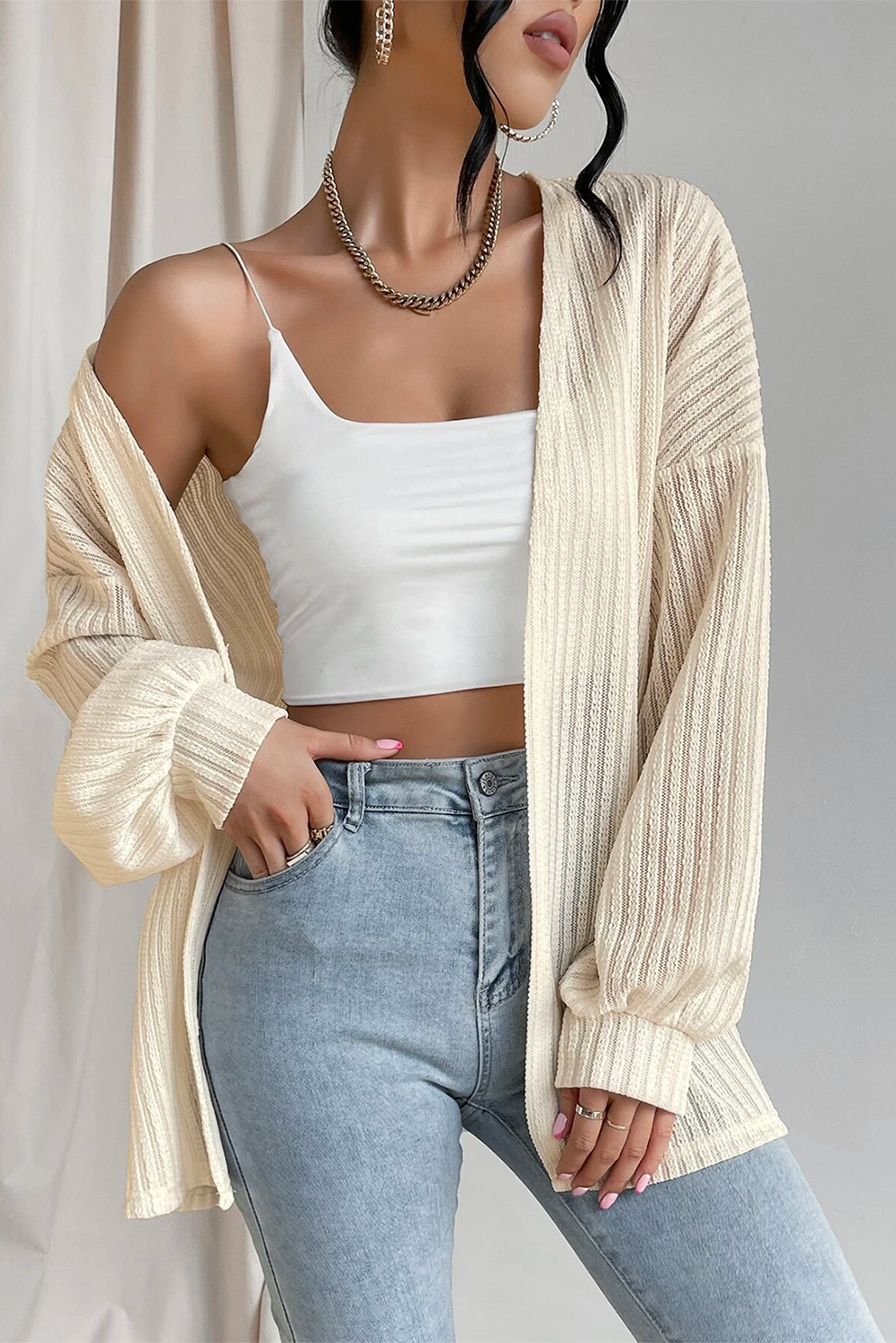 Kimono ouvert à manches lanternes texturées beiges