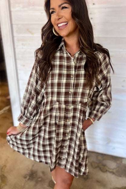 Brown Plaid Long Sleeve Short Shift Mini Dress