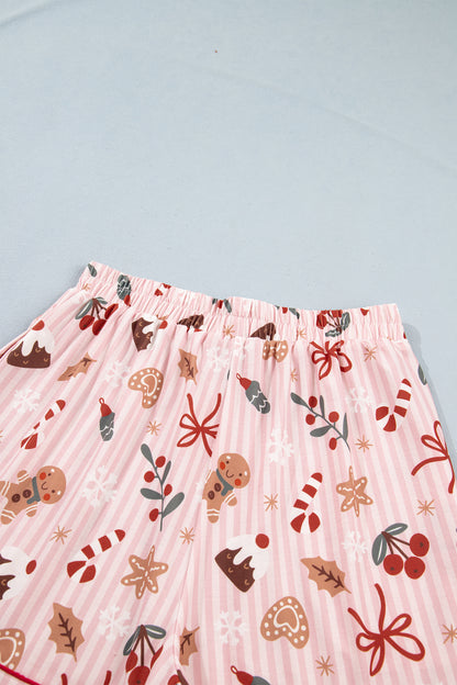 Pink Abstract Christmas Print Short Sleeve Two Piece Lounge Set
