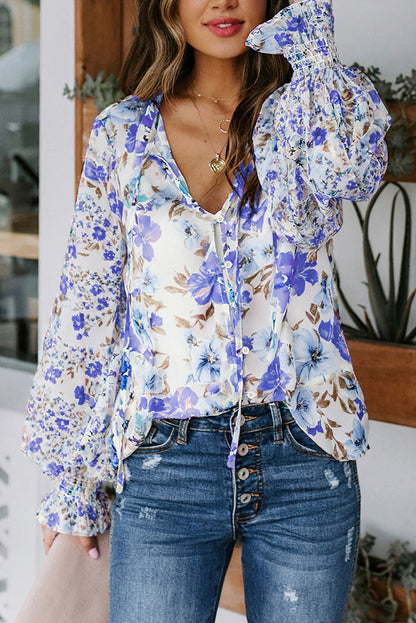 Blue Cakewalk Floral Smocked Blouse
