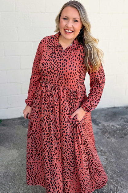 Red Leopard Print Long Sleeve V Neck Plus Size Midi Dress