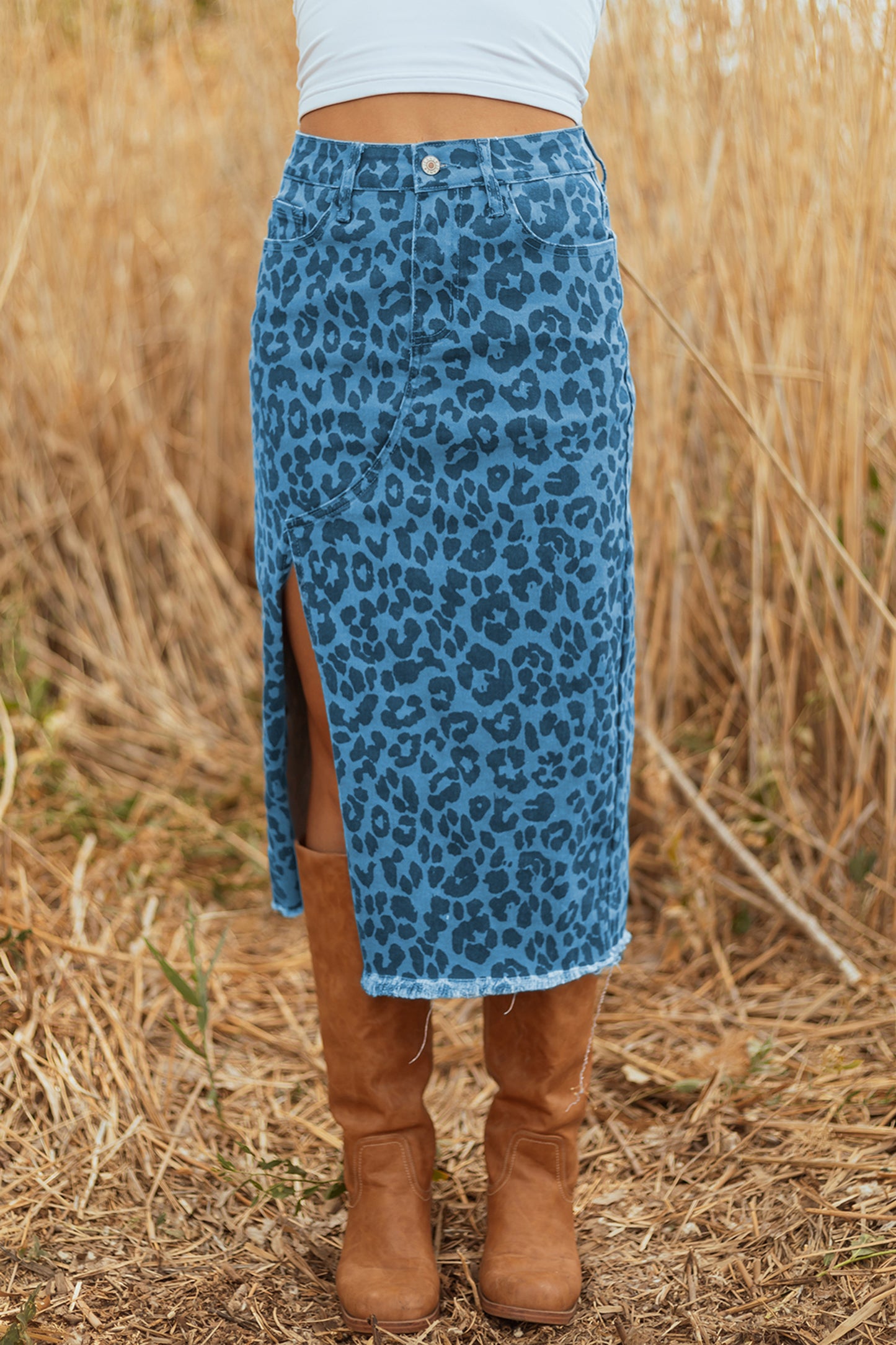 Brown Leopard Print Frayed Edge Denim Skirt Long Casual Daily Wear