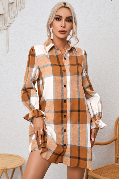 Brown Plaid Pattern Collared Neck Ruffled Sleeve Shirt Dress