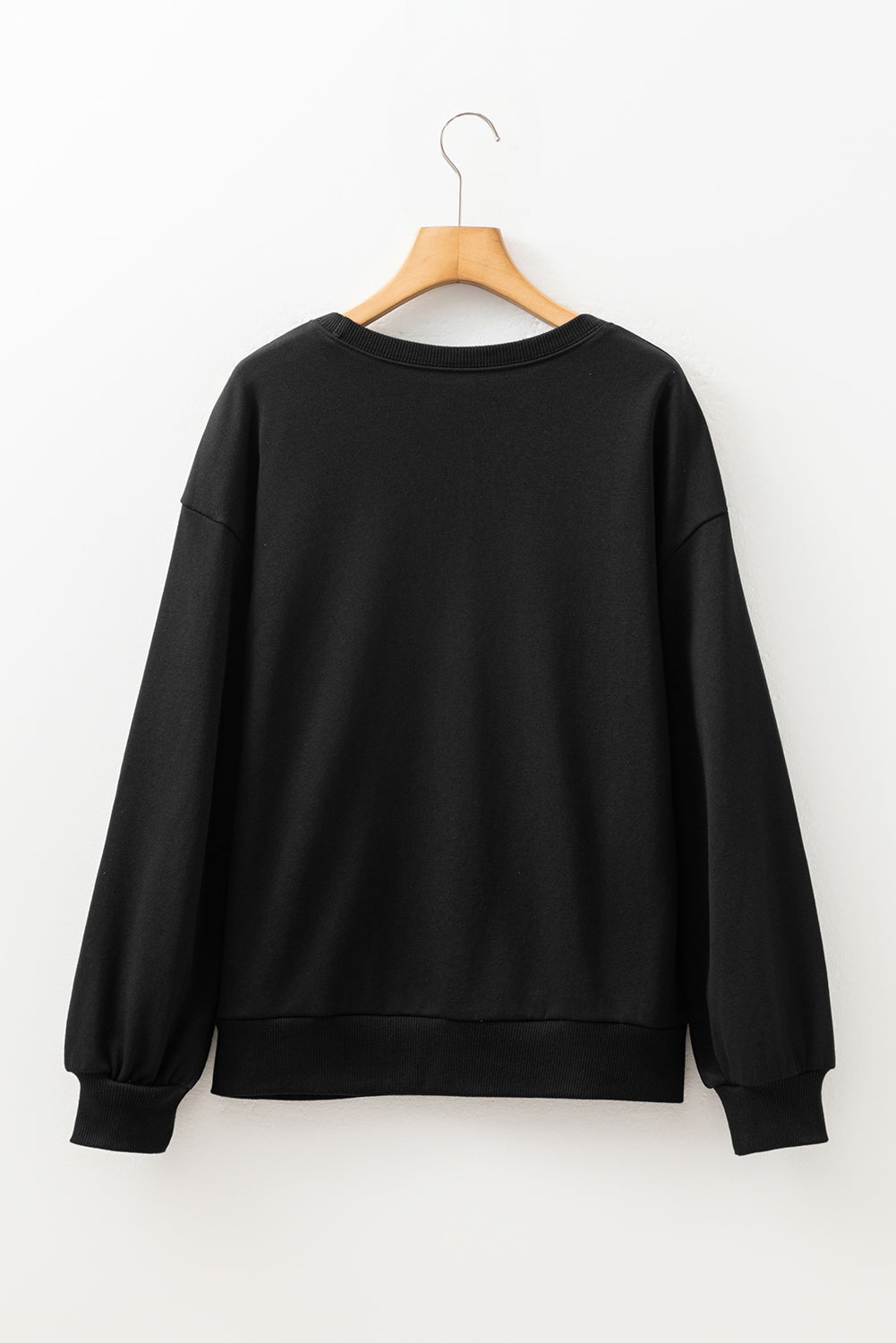 Black Rhinestone Embellished Drop Shoulder Ribbed Cuffs Sweatshirt