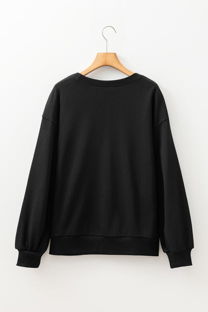Black Rhinestone Embellished Drop Shoulder Ribbed Cuffs Sweatshirt