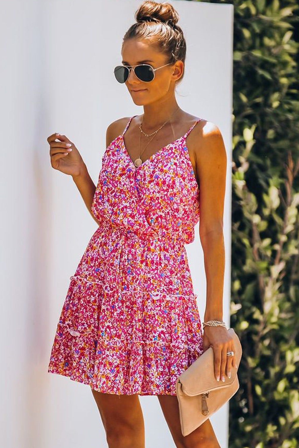 Floral Spaghetti Straps Ruffle Tiered Mini Dress