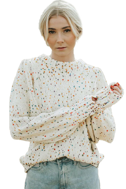 Pull ras du cou en maille torsadée beige à pois colorés 