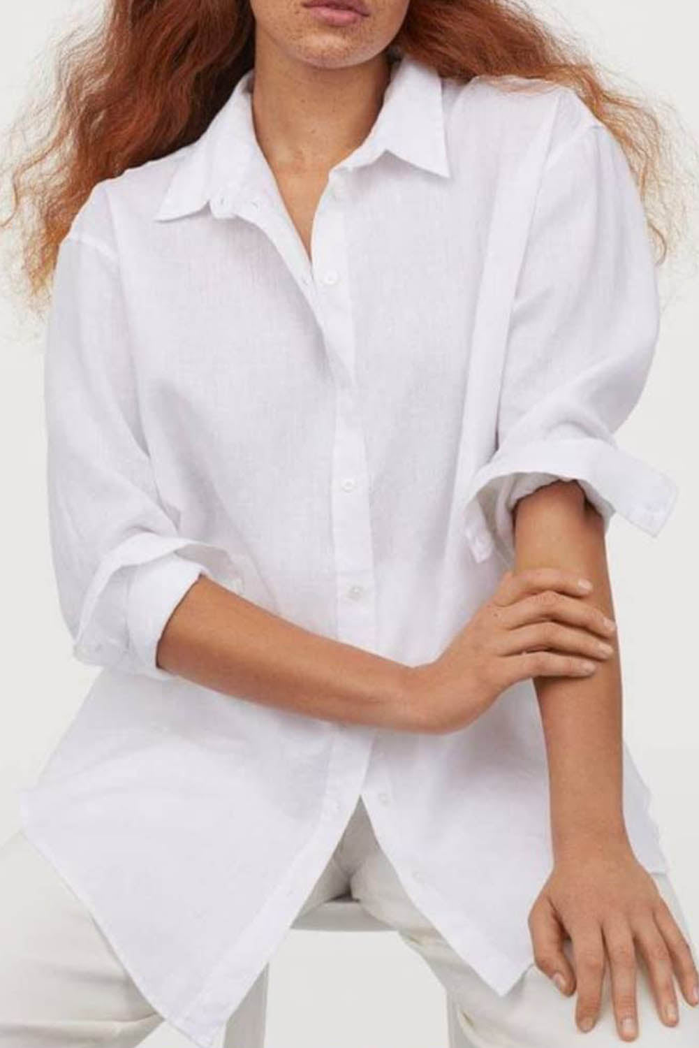 Chemise boutonnée blanche texturée en lin grande taille 