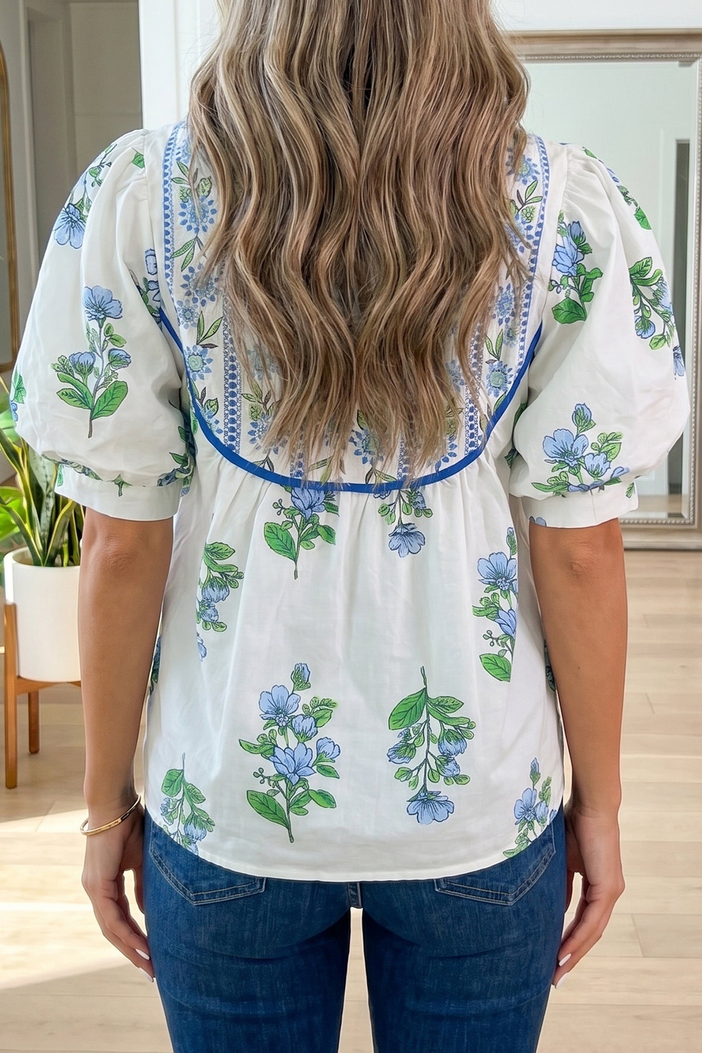 White Floral Print Contrast Trim Tie Neck Blouse