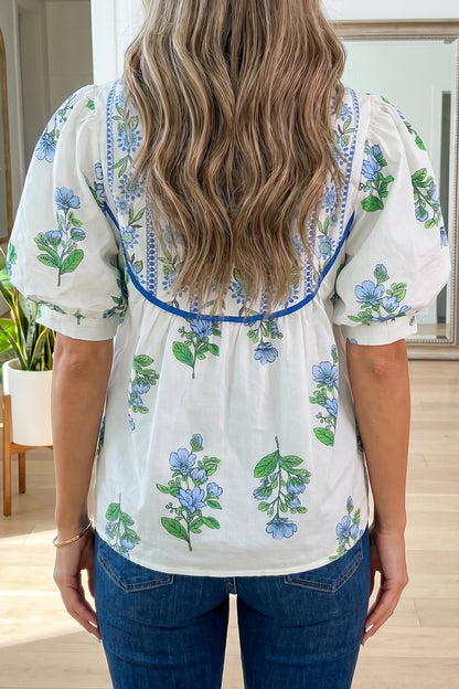 White Floral Print Contrast Trim Tie Neck Blouse