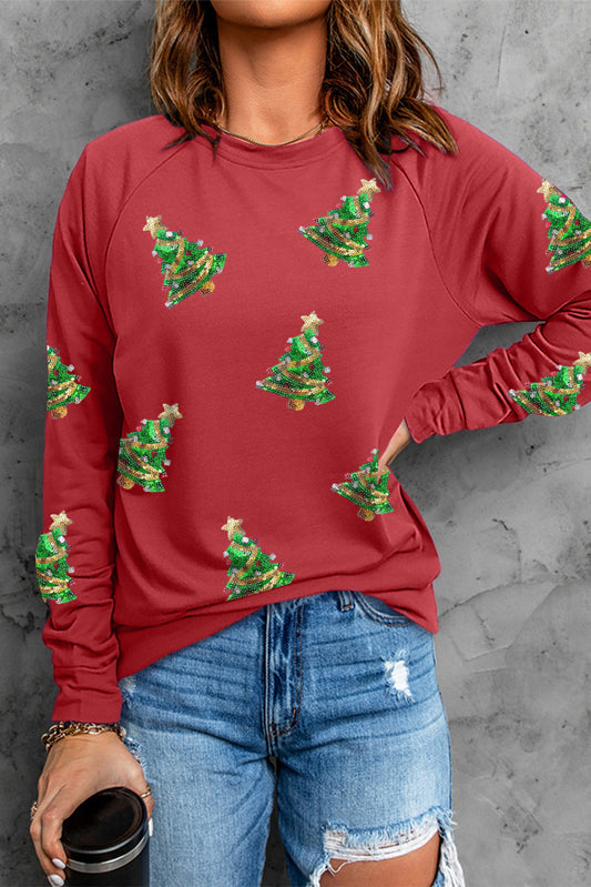 Sweat-shirt à manches raglan motif sapin de Noël à paillettes rouges