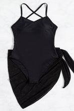 Black Criss Cross Backless One Piece Swimsuit with Sarong