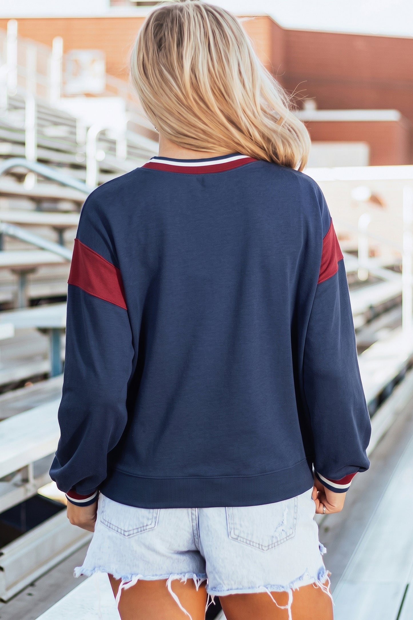Sail Blue Patchwork Round Neck Long Sleeve Sweatshirt
