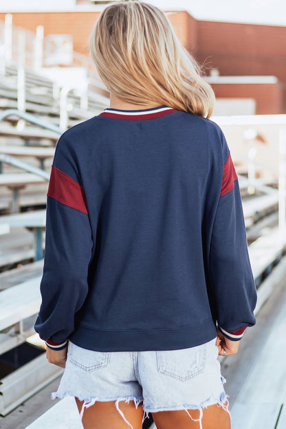Sail Blue Patchwork Round Neck Long Sleeve Sweatshirt