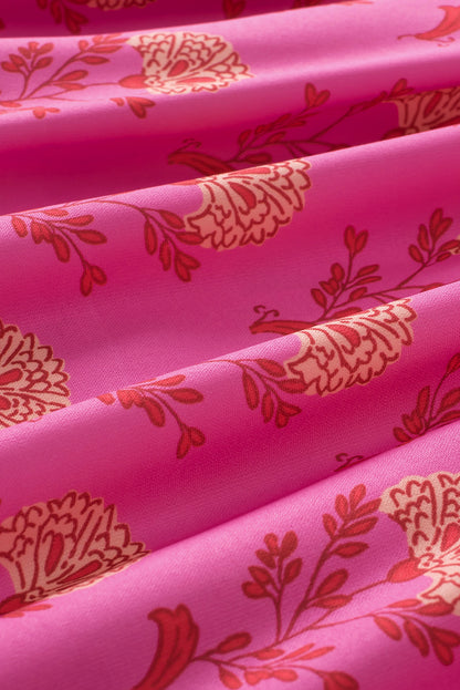 Chemisier plissé à imprimé floral rouge rose et manches flottantes