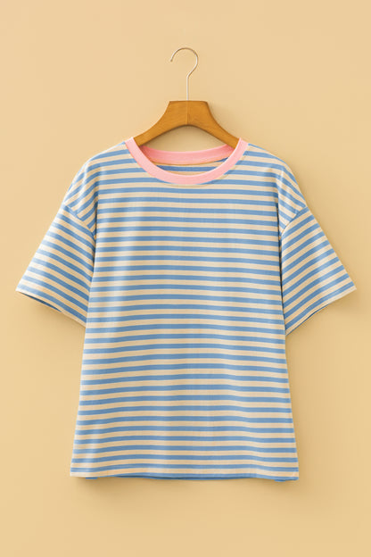 Sky Blue Stripe Contrast Crew Neck Drop Shoulder Loose Tee