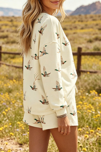 Beige Free Mallard Print Long Sleeve Top Drawstring Short Set