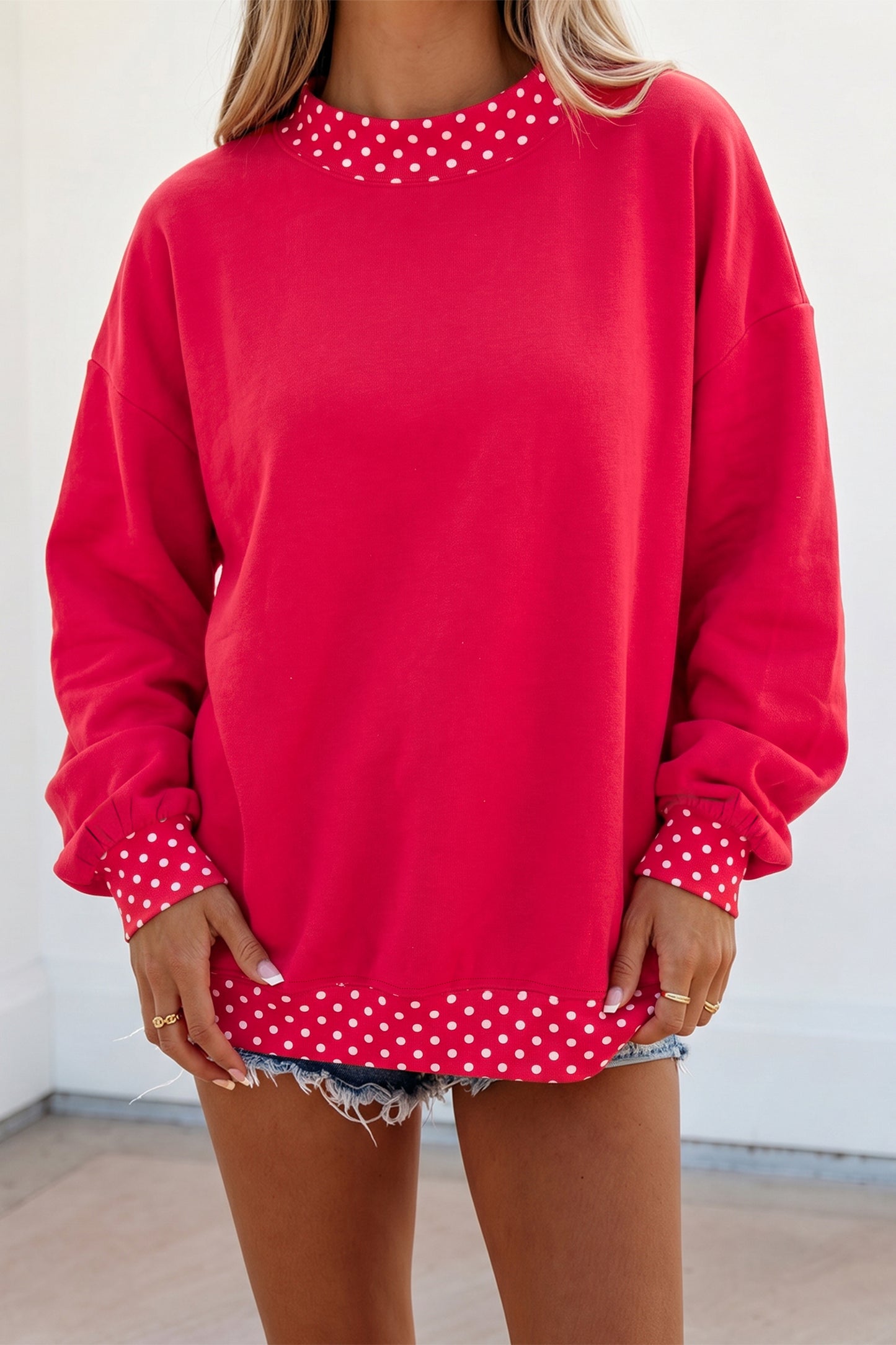 Red Colorblock Polka Dot Contrast Trim Oversized Sweatshirt