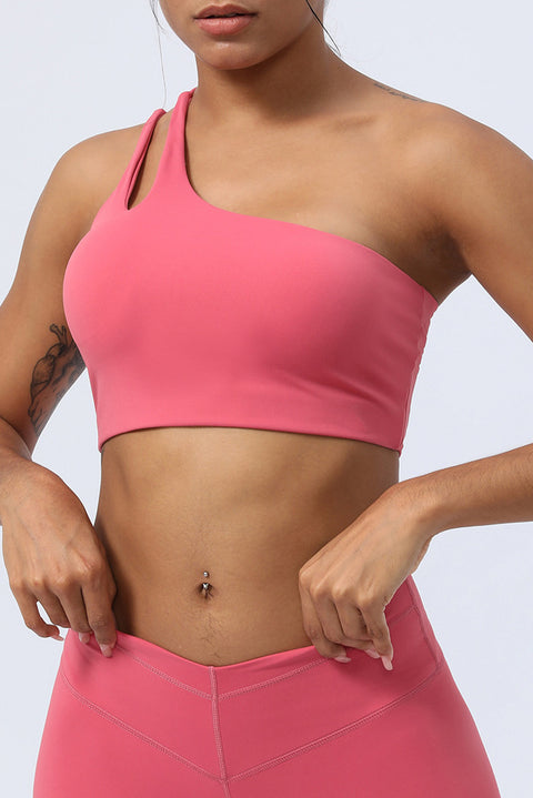 Strawberry Pink Dual Straps Cutout One Shoulder Workout Bra