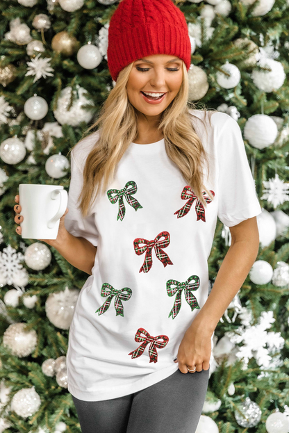 T-shirt blanc en coton mélangé avec motif nœud papillon de Noël