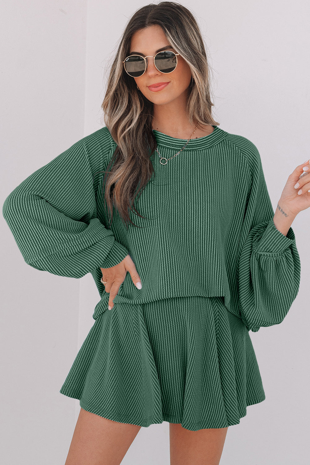 Sky Blue Corded Lantern Sleeve Top High Waist Ruffled Mini Skort Set