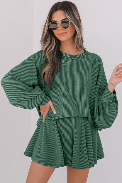 Sky Blue Corded Lantern Sleeve Top High Waist Ruffled Mini Skort Set