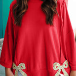 Fiery Red Floral Bow Patched Exposed Seam Patchwork Slit Baggy Sweatshirt