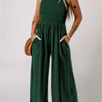 Green Smocked Sleeveless Wide Leg Jumpsuit with Pockets