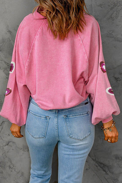 Pink Mineral Wash Sequin Heart Snap Buttons Collared Sweatshirt