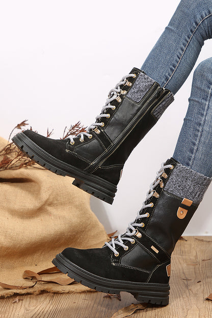 Coffee Wool Knit Patchwork Lace Up Leather Boots
