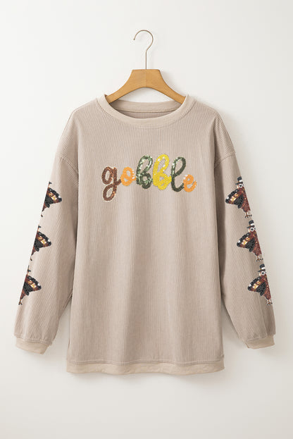 Smoke Gray Corded Ribbed Thanksgiving Turkey Sequin Patched Sleeve gobble Baggy Sweatshirt