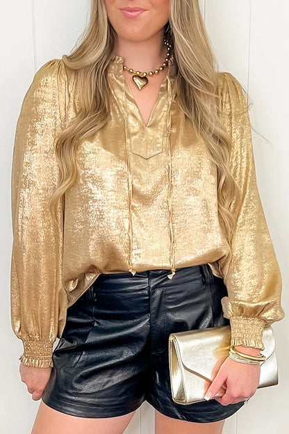 Gold Metallic Sheen V Neck Gathered Cuff Long Sleeve Blouse