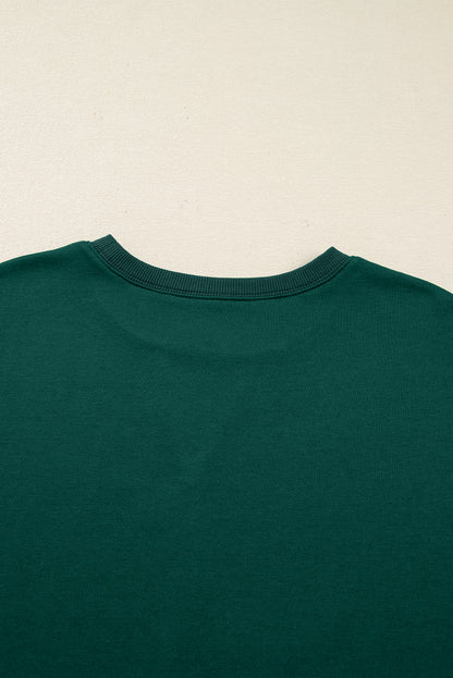 Dark Green Pearl Embellished Drop Shoulder Pullover Elastic Waist Mini Skirt Set