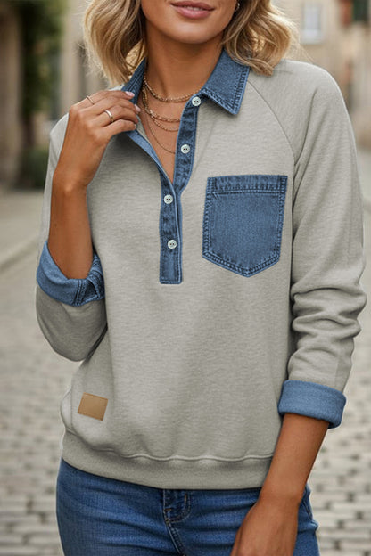 Sleet Denim Collar Patchwork Long Sleeve Pullover Top