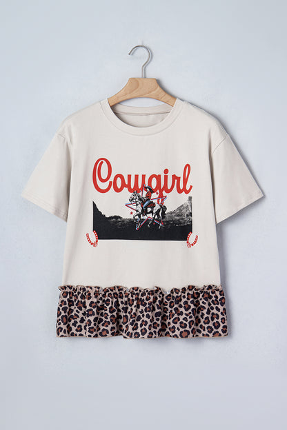 White Retro COWGIRL Print Leopard Ruffle Hem Patchwork T Shirt