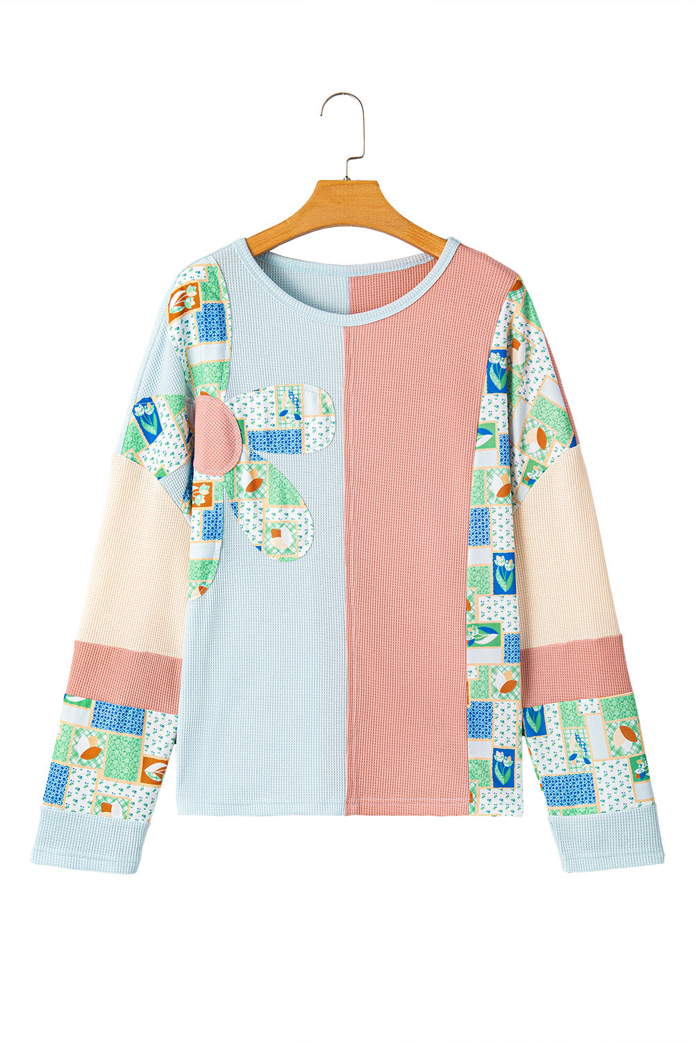 Rose Pink Floral Patchwork Waffle Color Block Pullover Top