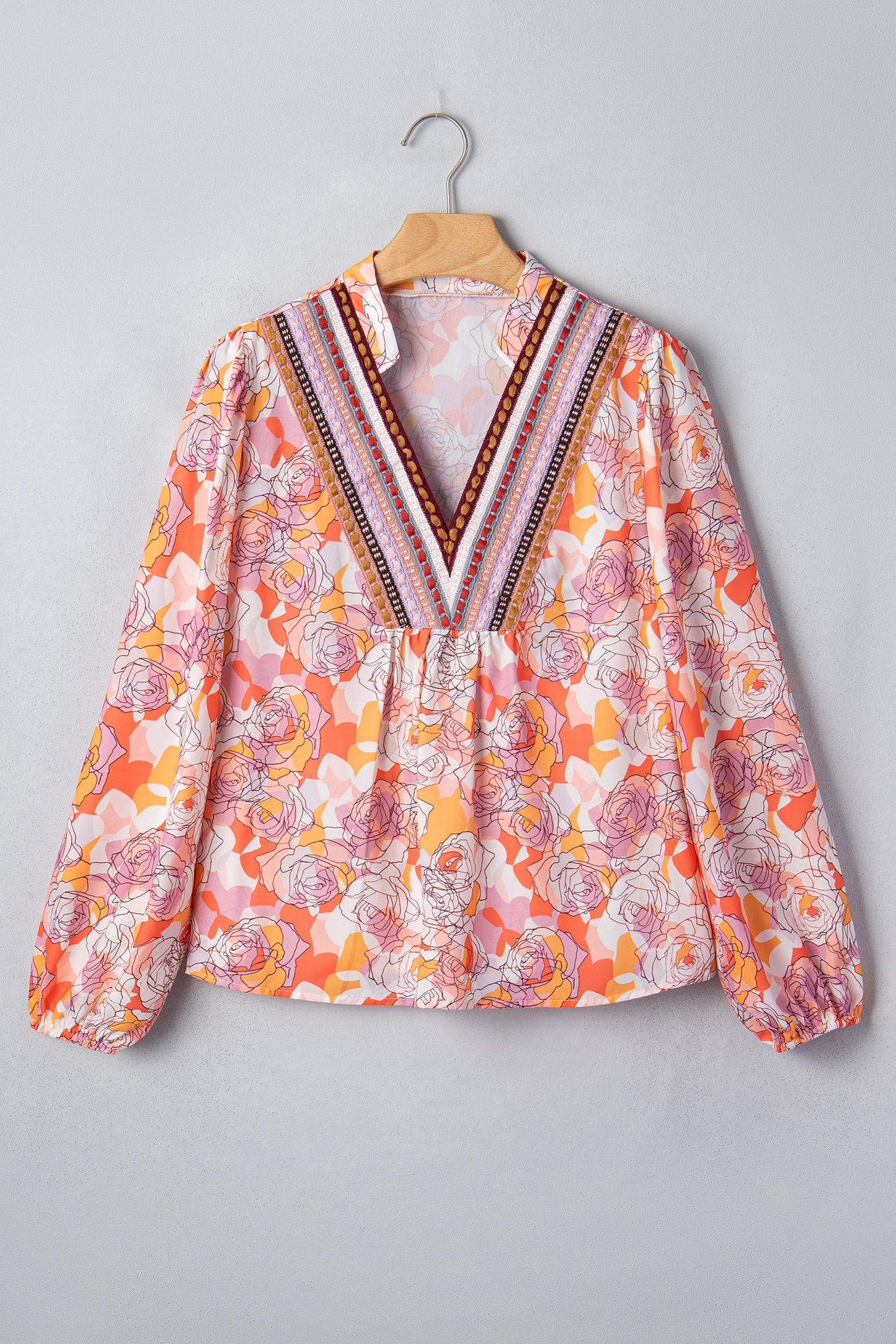 Pink Floral Print V Neck Long Sleeve Shift Blouse