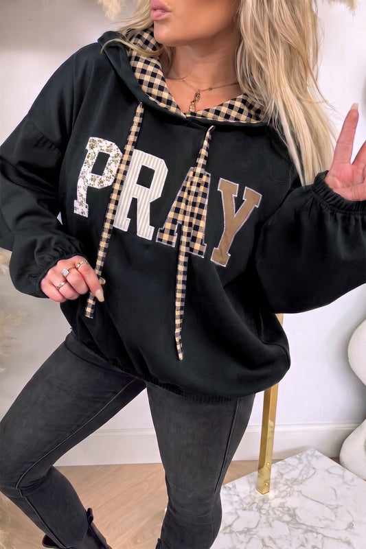 Black PRAY Mix Pattern Letter Graphic Plaid Contrast Drawstring Hoodie