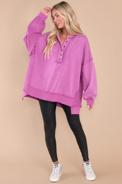 Purple Oversized Exposed Seam Henley Sweatshirt