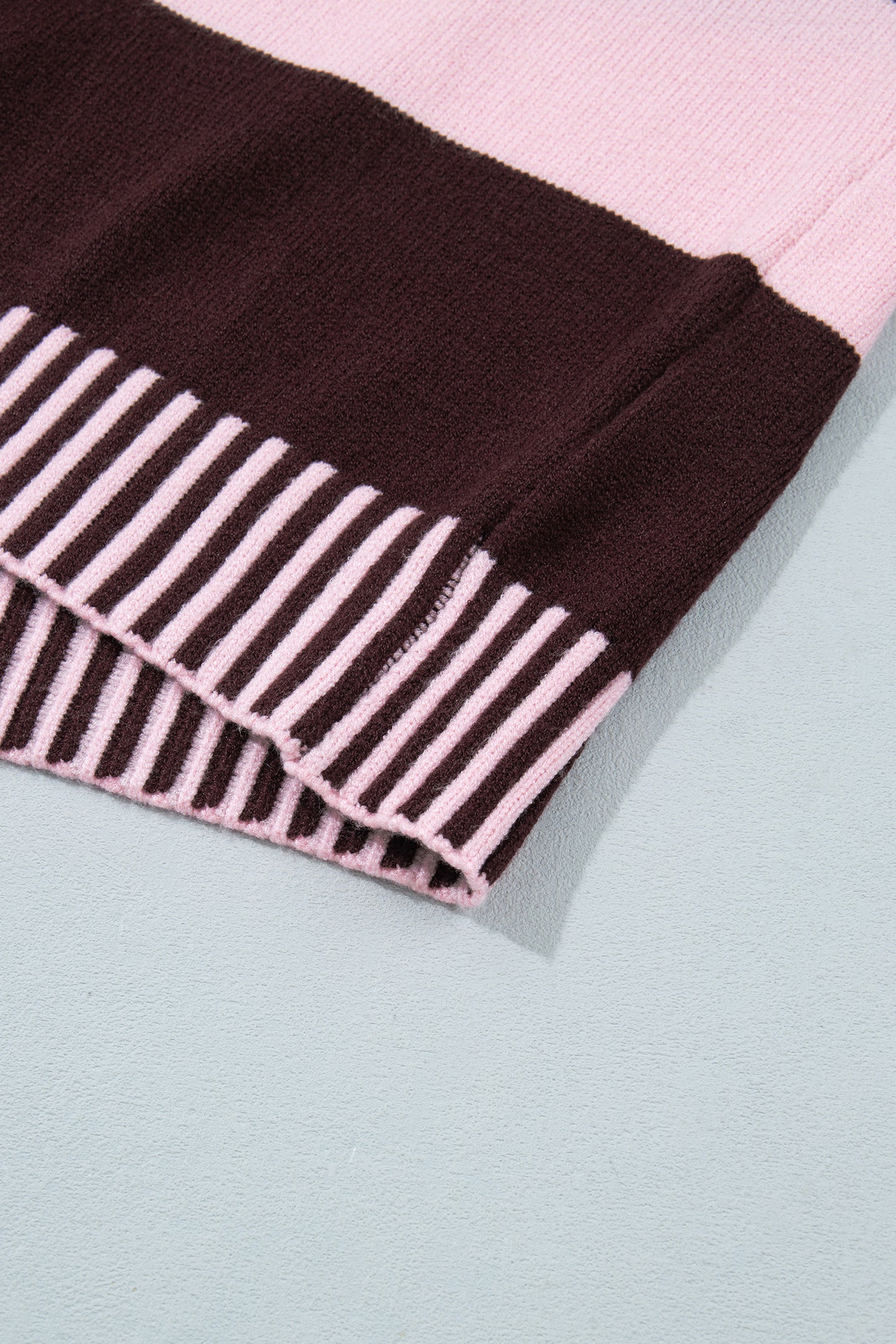 Pink Stripe Contrast High Neck Dropped Shoulder Relaxed Pullover Sweater