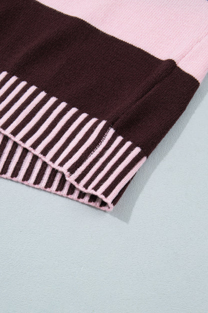 Pink Stripe Contrast High Neck Dropped Shoulder Relaxed Pullover Sweater