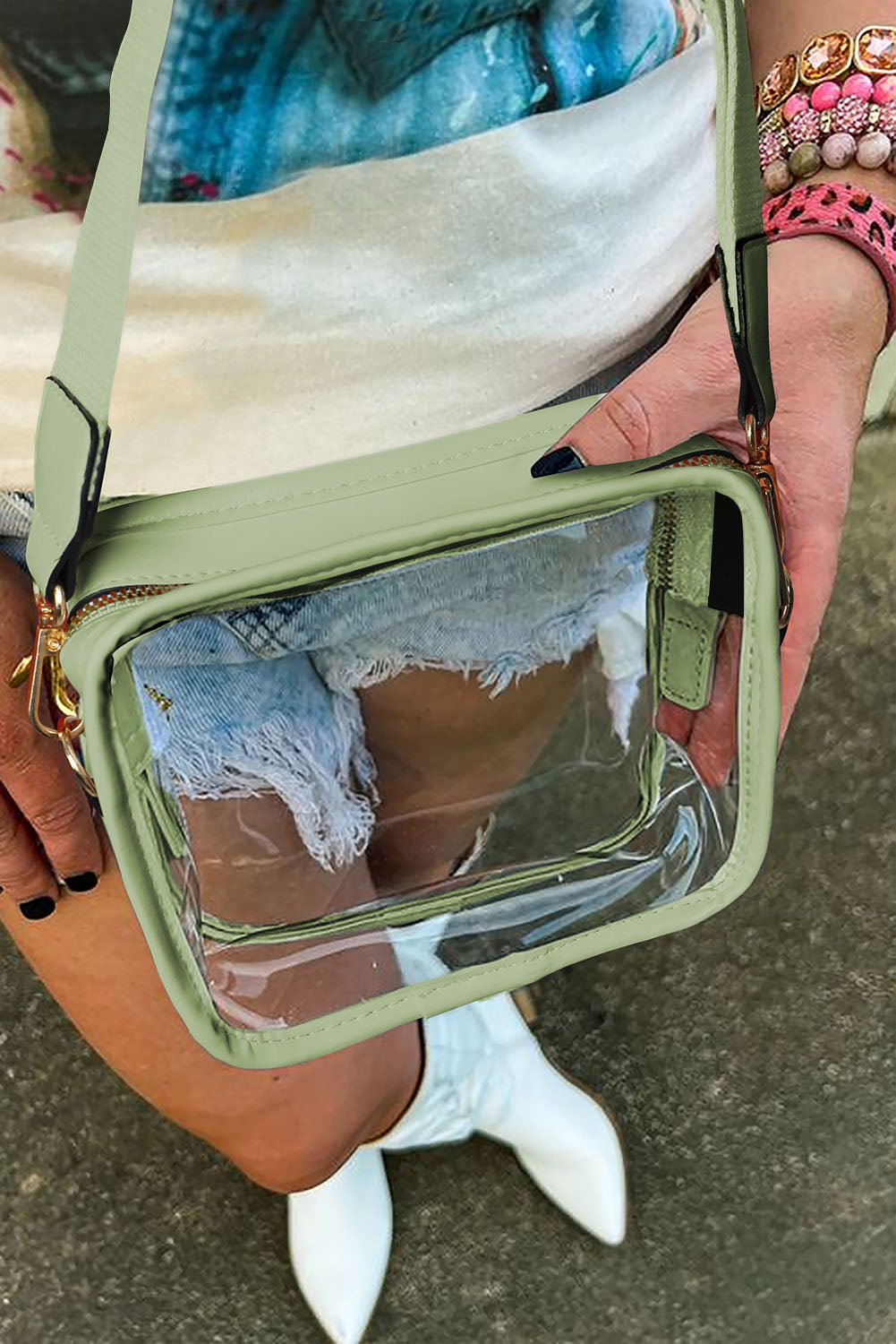 Bolso bandolera con correa de cuero de PVC transparente blanco